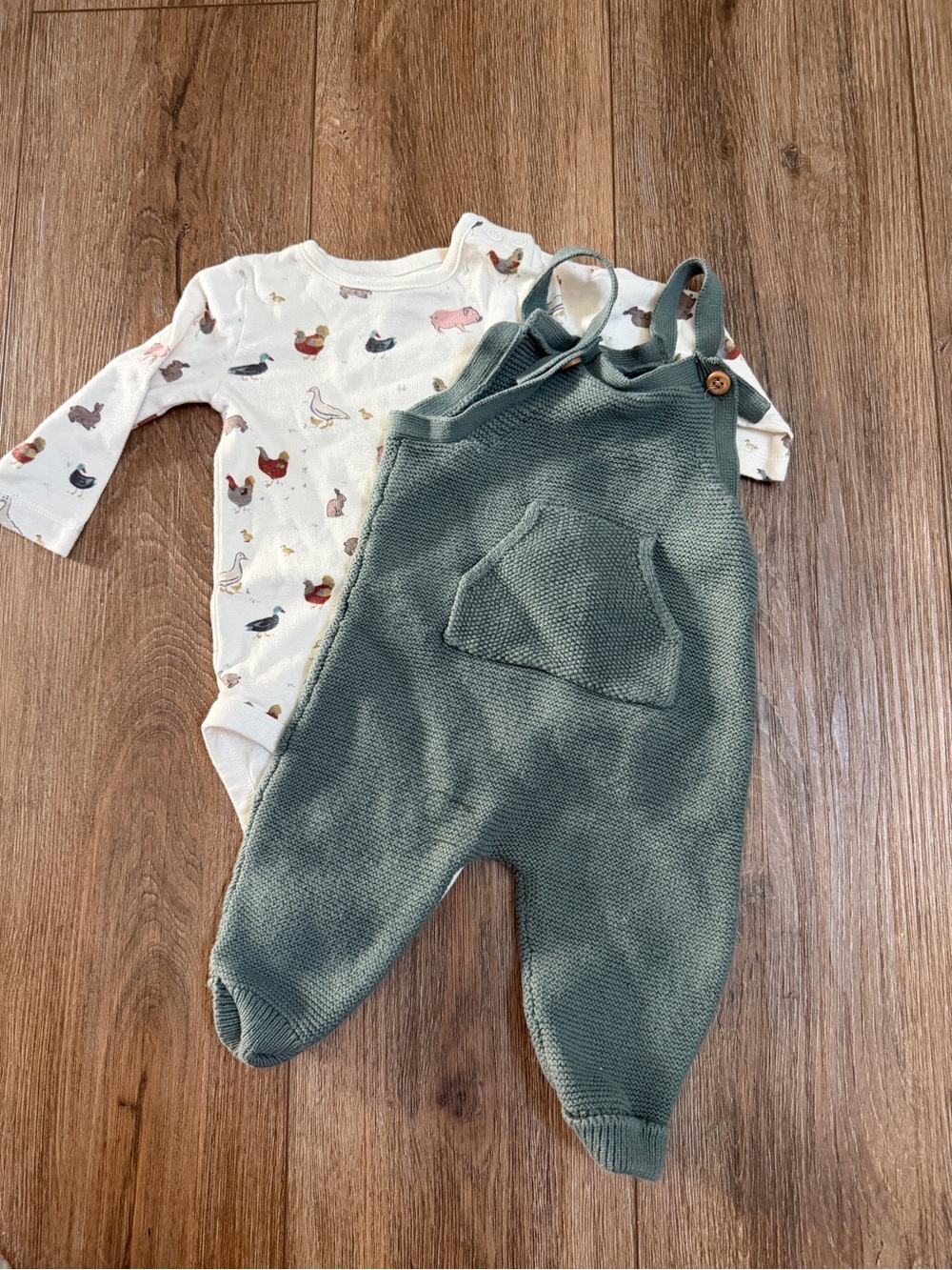Little Planet Baby Knit Overalls and Farm Print One-Piece Set in Sage and Cream